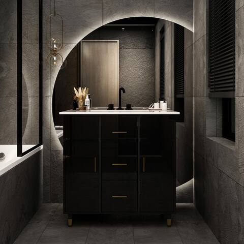 FUFU&GAGA Bathroom Vanity 35.4" High Gloss Black Lacquer Ceramics Top
