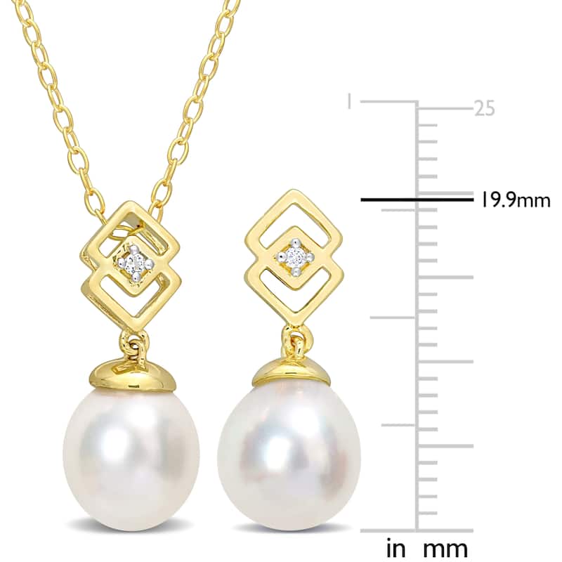 Miadora Cultured South Sea Pearl White Topaz 2-Piece Drop Necklace Earrings Set Yellow Silver