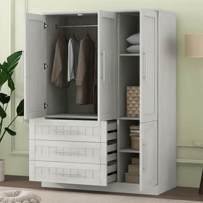 4 Door Wardrobe Bedroom Closet with 3 Storage Drawers, Solid Wood Armoire Clothes Organizer with Hanging Rods & Storage Shelves