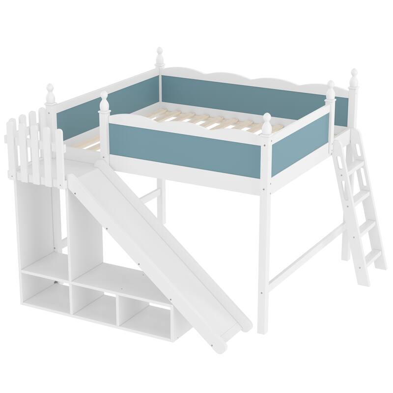 Queen Loft Bed with Storage Shelves and Cabinet, Solid Wood Loft Beds with Detachable Slide and Ladders, No Spring Box Needed