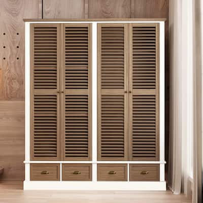 White and Brown Shutter Door Closet Large Storage Capacity Armoire