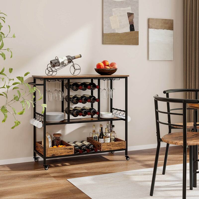 Costway 3 Tiers Bar Cart Home Serving Cart on Wheels with Glass Racks - See Details