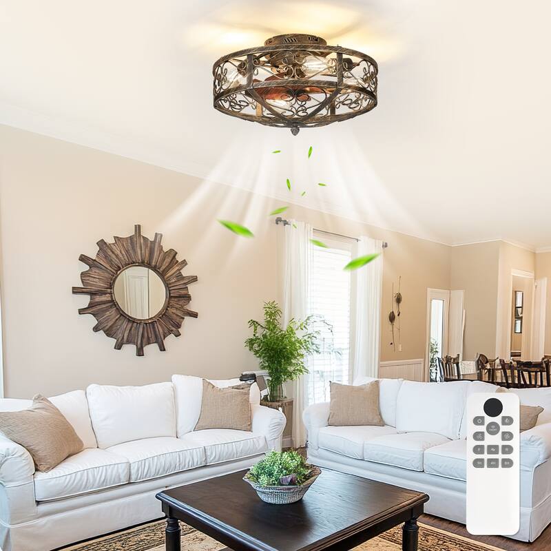 20 Inch Indoor White and Gold Low Profile Cage Ceiling Fan with Light - 20 Inches