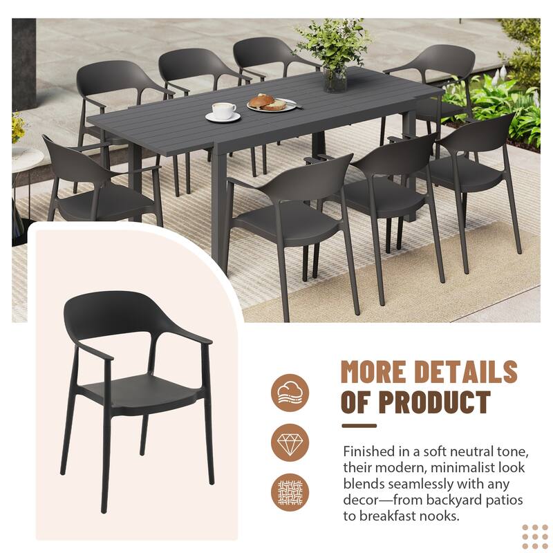 Outdoor Dining Set 9-Piece Stackable Plastic Lightweight Curved Backrest Armchair and Extendable Dining Table