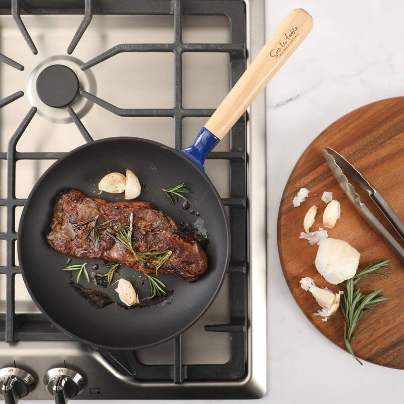 Sur La Table Kitchen Essential 9.5 Inch Pre-Seasoned Cast Iron Skillet with Wood Handle Natural Nonstick Lightweight Cast Iron