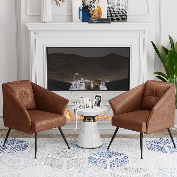 SHINEBOOM Accent Chairs Set of Mid Century Comfy Modern Arm Chair for  Living Room Bedroom Reading Leather Chair, Brown