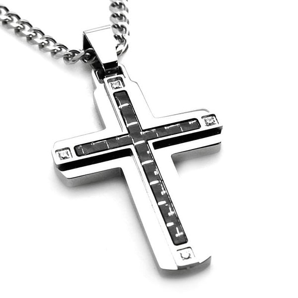 Stainless Steel Carbon w/ Fiber Cross Pendant w/ Four CZ - 24 inches