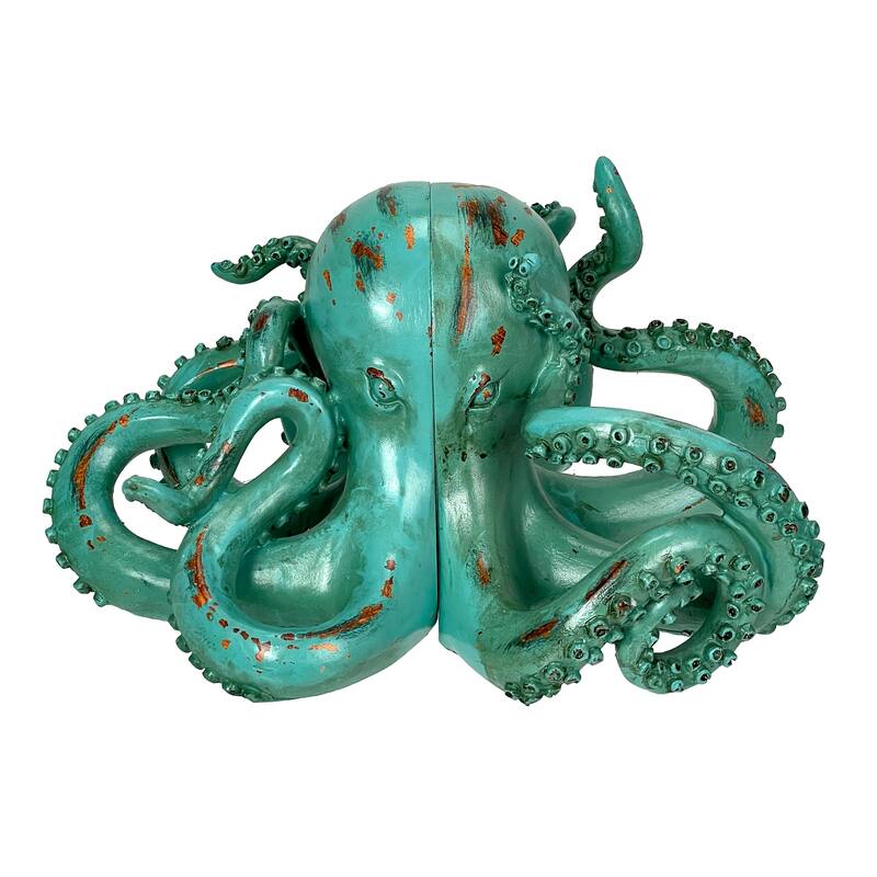 Aqua Green Octopus Bookends Set Of 2 Nautical Polyresin Coastal Shelf - 5 X 10 X 8 inches