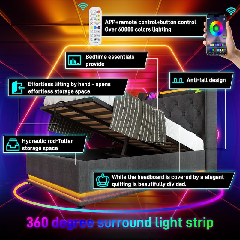 Upholstered Bed with LED Function and USB Charging