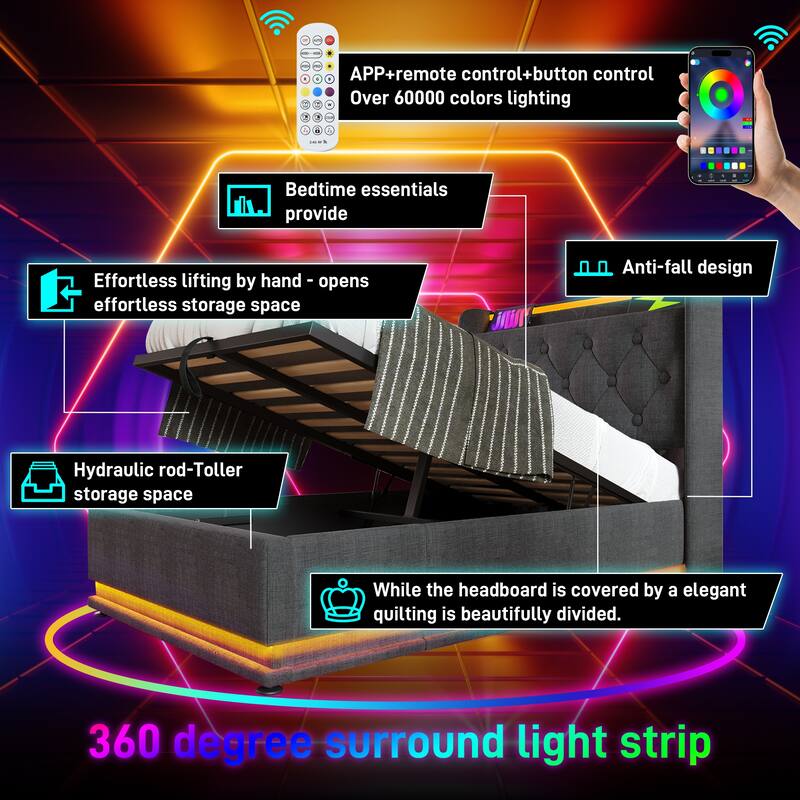 Upholstered Platform Bed with 360 Surround LED Function and USB Type-C Charging