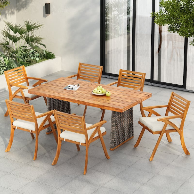 Roomfitters Outdoor 7-Piece Acacia Wood Dining Set with Cushions, Handwoven Rattan Legs, Grey Wicker - Grey,Teak