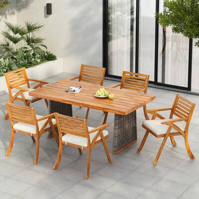 Roomfitters Outdoor 7-Piece Acacia Wood Dining Set with Cushions, Handwoven Rattan Legs, Grey Wicker