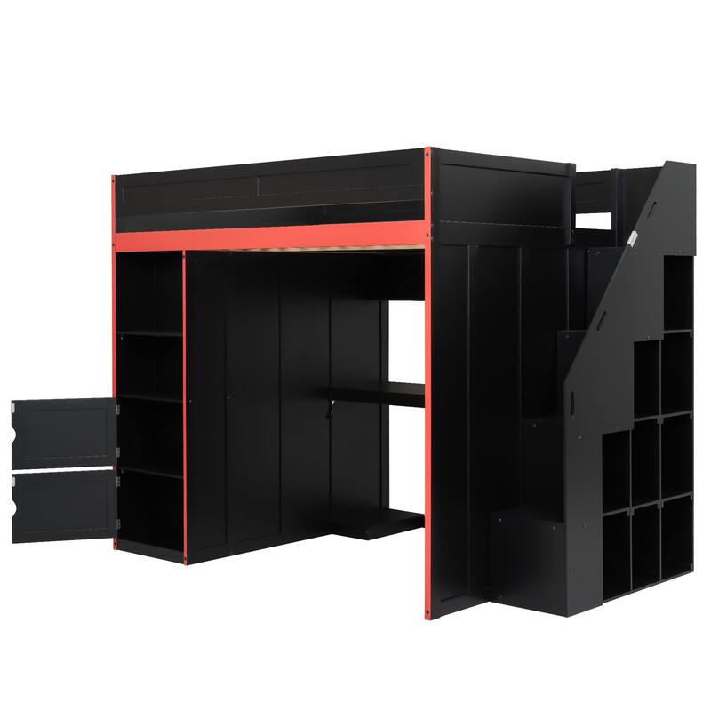 Black Gaming Loft Bed with Wardrobe, Desk, LED Lights, Cabinets and Storage Stairs