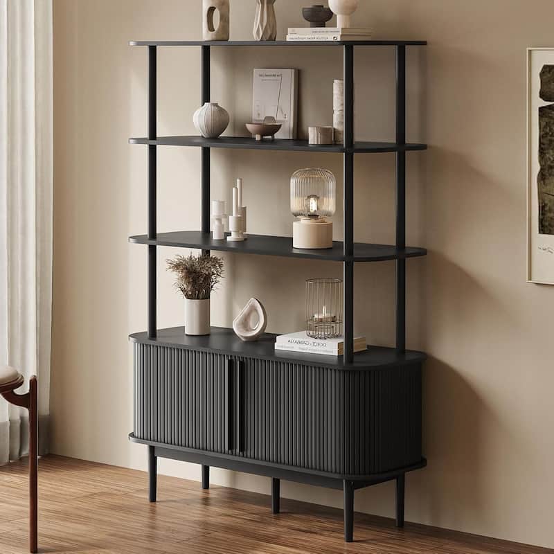 Bookshelf with Sliding Tambour Doors, Mid Century Modern Bookshelf with Storage, Wooden Open Display Shelf
