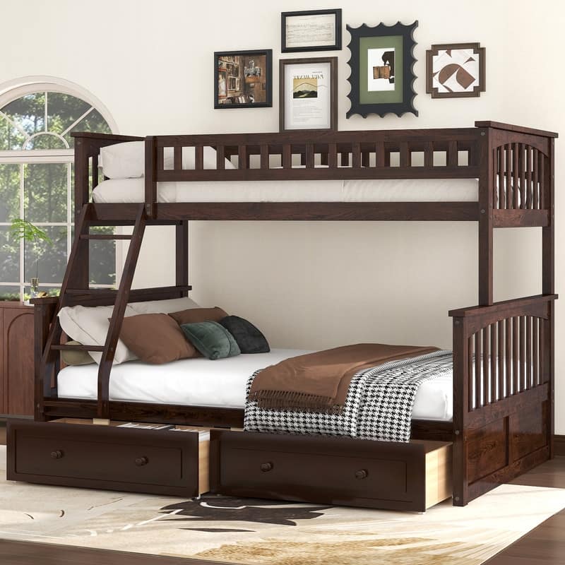 Twin over Full Size Wood Bunk Bed with Drawers, Convertible Beds - Espresso