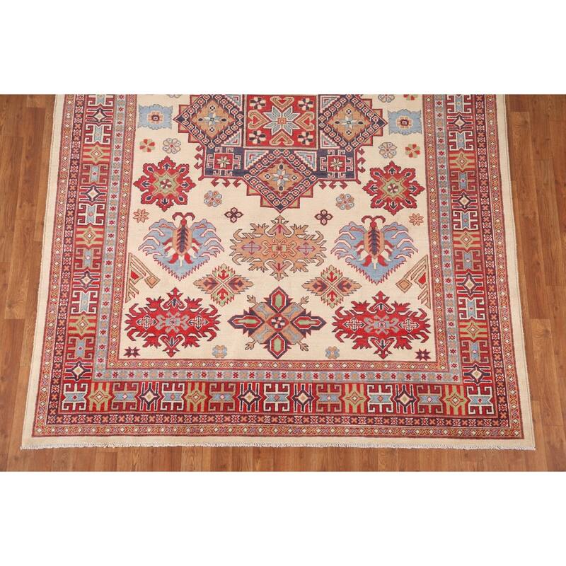 Ivory Geometric Kazak Area Rug Hand-Knotted Wool Carpet - 6'9" x 9'10"