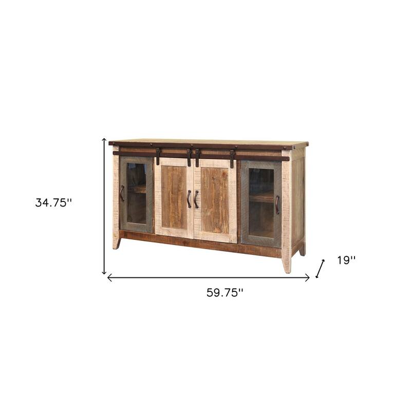 HomeRoots 60" Brown Solid Wood Cabinet Enclosed Storage Distressed TV Stand - 59.75' X '34.75' X '19