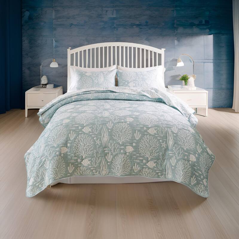 Amy 3pc Full Queen Coverlet Pillow Sham Set, Coastal Design Seafoam Blue