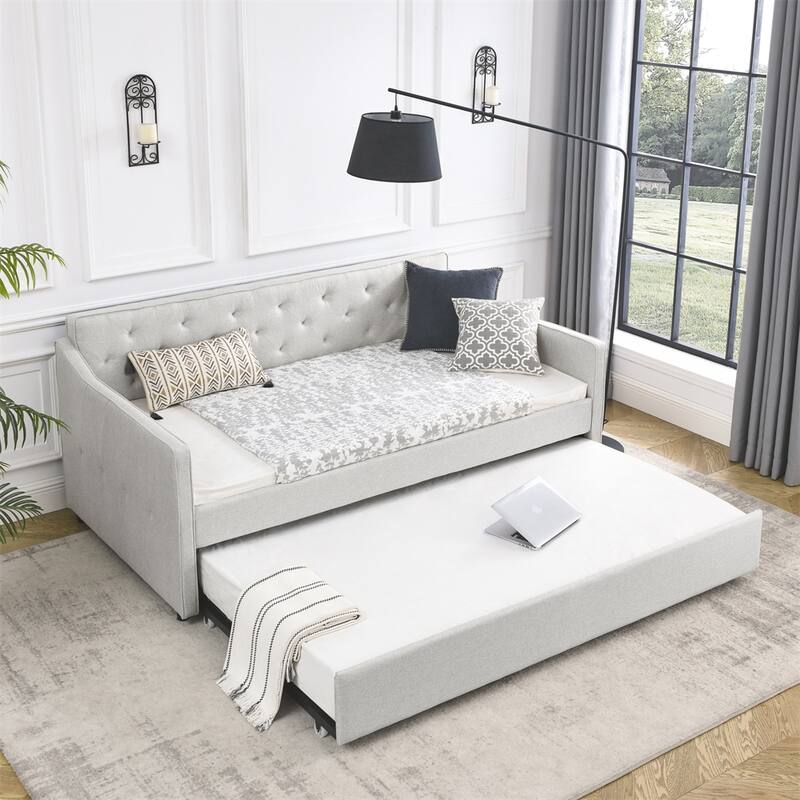 Twin Size Daybed with Twin Size Trundle Upholstered Tufted Sofa Bed