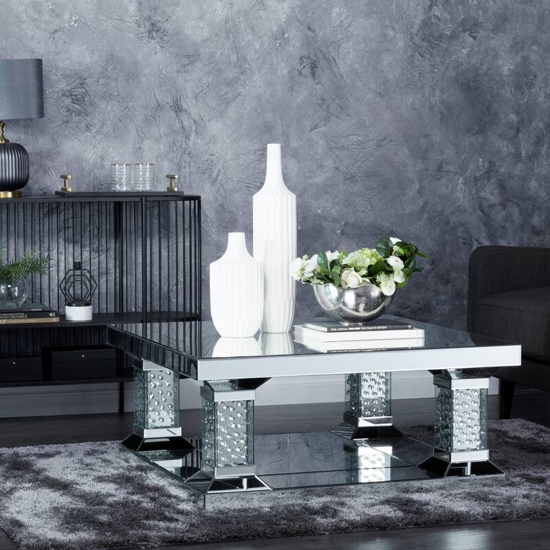 Glass Mirrored Coffee Table with Crystal Embellishments - Silver - Roche River Decor
