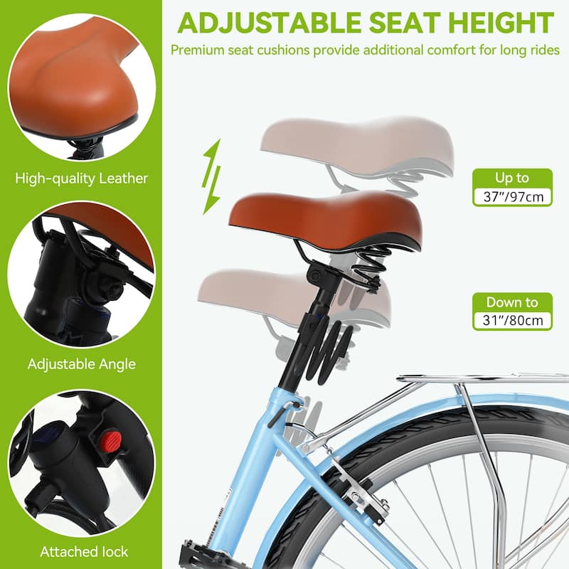 24 Inch Beach Cruiser Bike for Women - 1 Speed Commute Bike for Adults - Womens Bicycle with Adjustable Seat in Light Blue