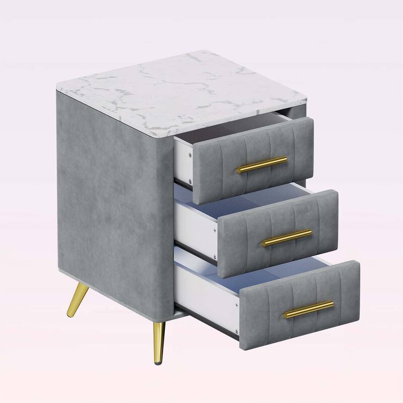 Stylish Design Upholstered Nightstand with 3 Drawers and Metal Legs & Handles