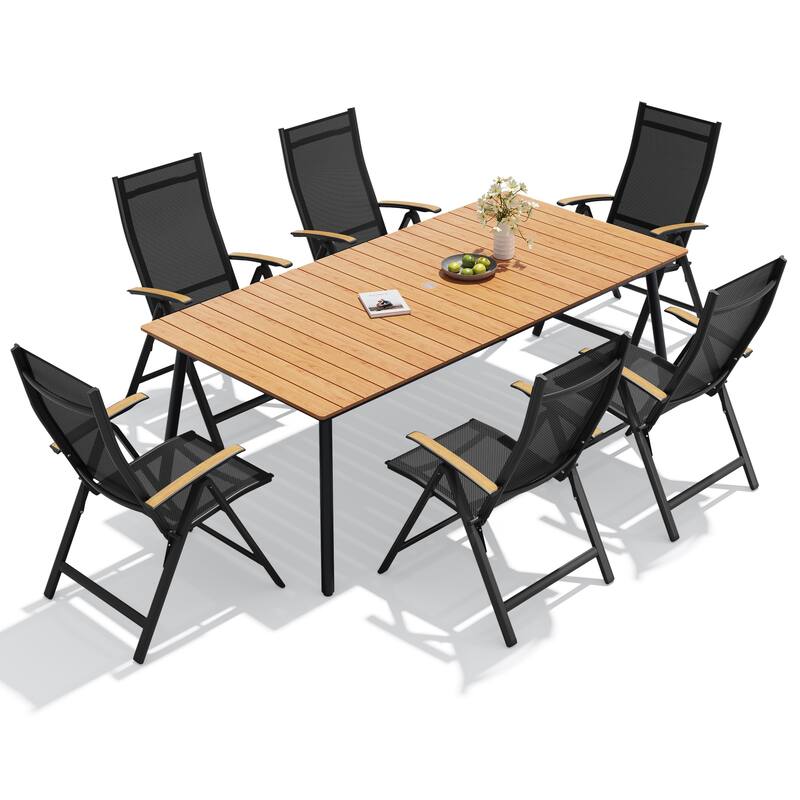 7PC VredHom Outdoor Patio Dining Set Folding Chairs and Dining Table - Set of 7 - Brown-82.5inchesTable&BlackChairs