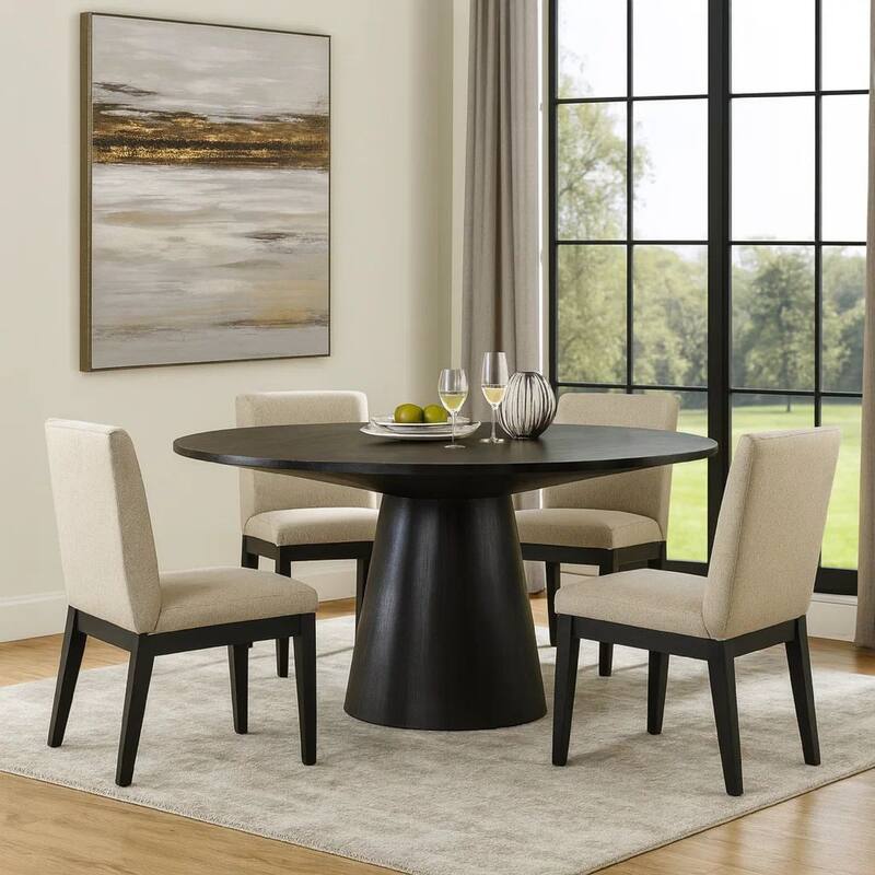 Kiy 5pc Black Dining Table Set with 4 Ergonomic Chairs, Beige Upholstery