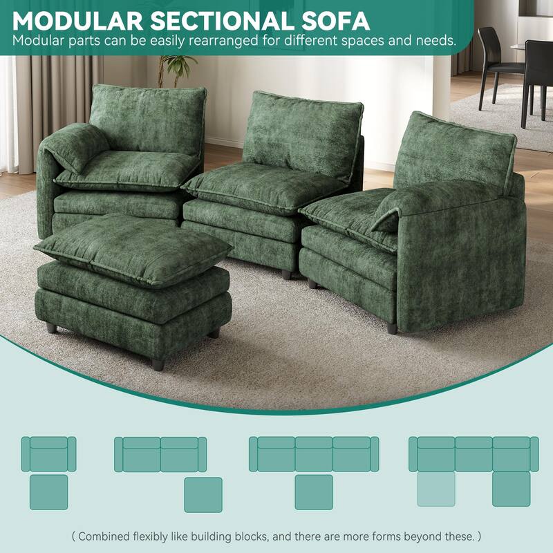 Modern Velvet L Shaped Couch 108" Modular Sectional Sofa with Movable Ottoman