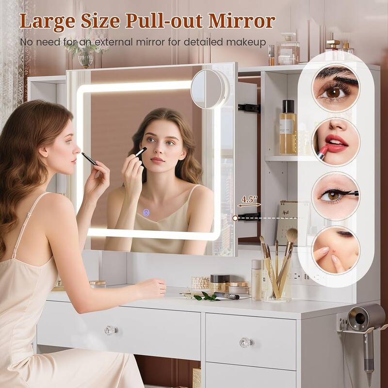 Vanity Desk with Mirror and Lights Power Outlet Drawers 3 Light Modes