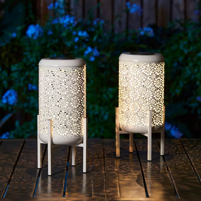 Glitzhome 14.25"H Set of 2 Metal Flower Cutout Solar Lanterns Floor Lantern