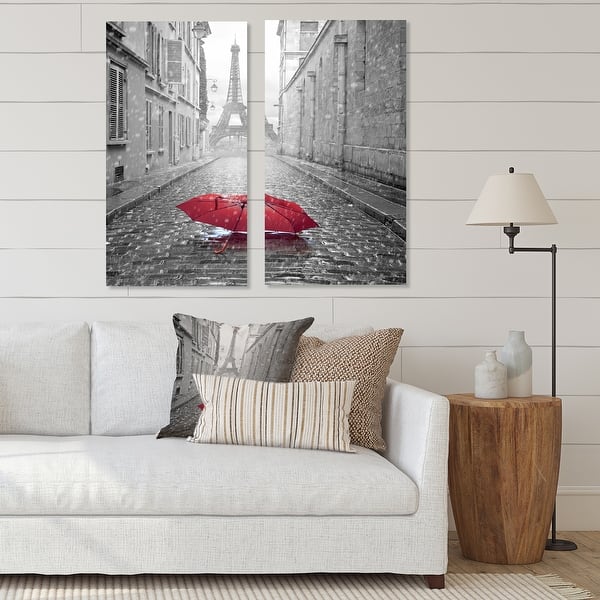 slide 1 of 7, Designart 'Eiffel View from Paris Street' Cityscape Canvas Wall Art Print 2 Piece Set 20" W x 40" H x 1" D x 2 Pieces