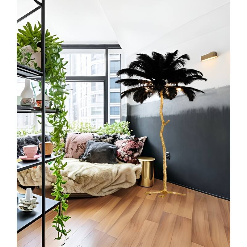 5-Light 35" Wide Novelty Golden Tree Branch LED Floor Lamp with White Ostrich Feather Shades
