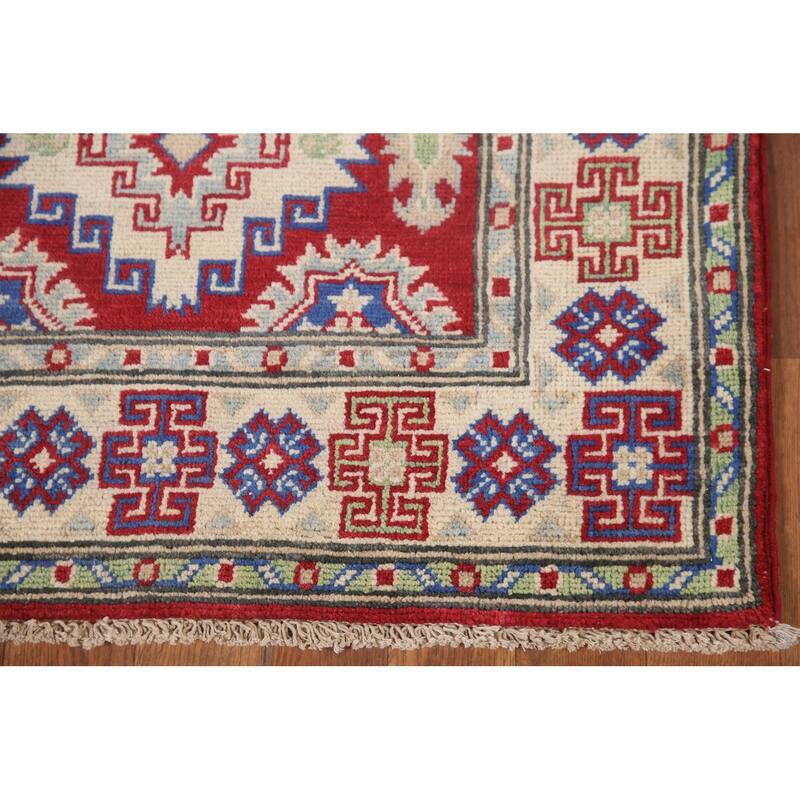 Hand Knotted Oriental 100% Wool Carpet Traditional Geometric Red Kazak Runner Rug - 8' 7'' X 2' 8''