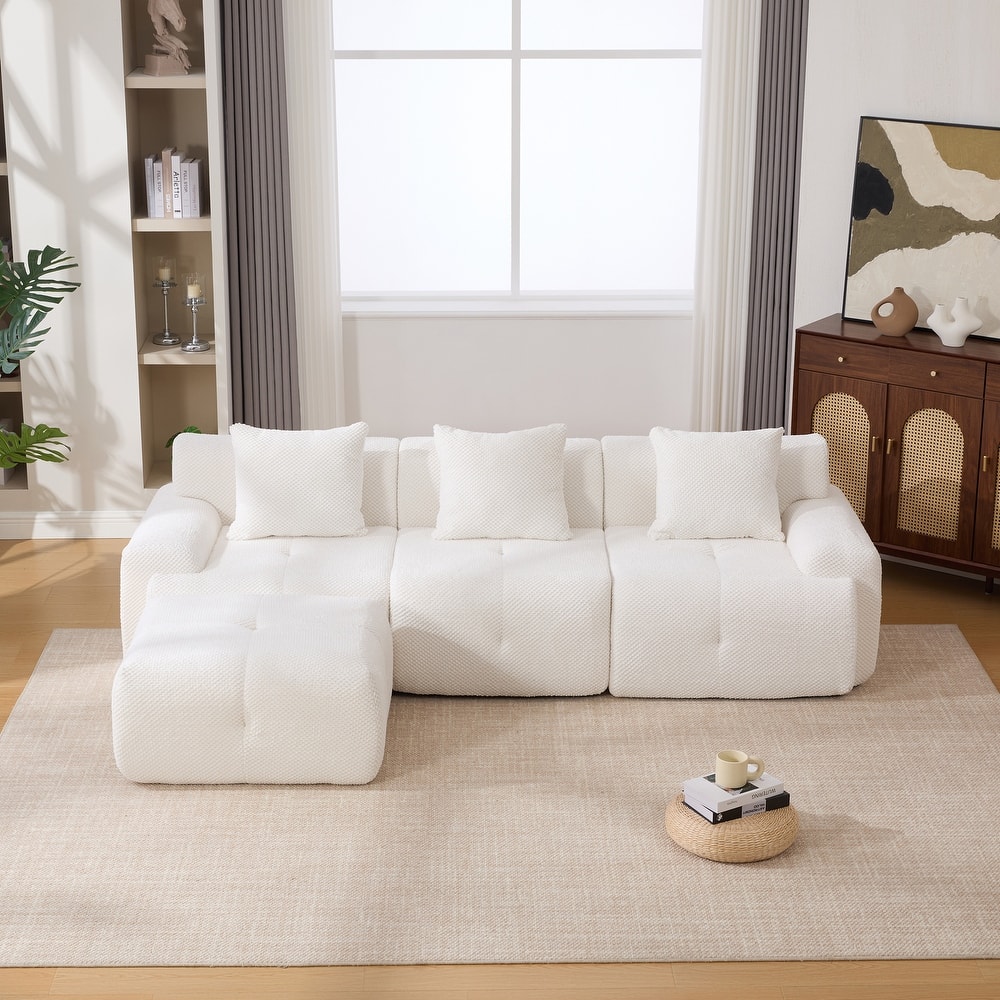 Modular L Shaped Sectional Sofa with Ottoman, Oversized Boneless Cloud Tufted Couch, Upholstered 3-Seater Sofa with 3 Pillows