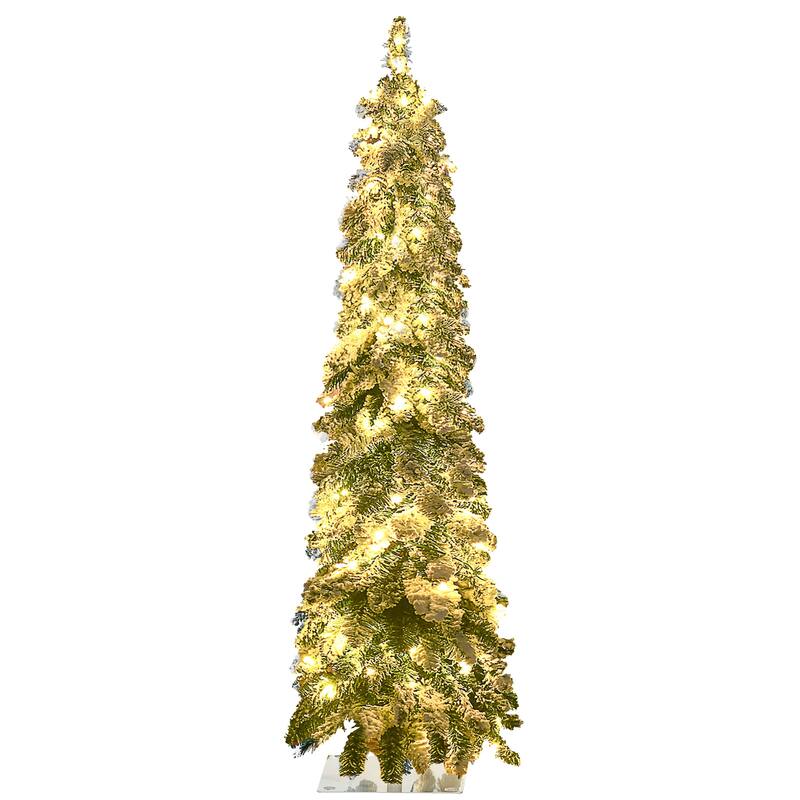 4/6/7FT Prelit Pencil Artificial Christmas Tree with Snow Flocked Branches & 100 Warm White or Colorful LED Lights