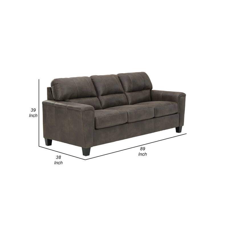 89 Inch Tufted Sofa, Gray Vegan Faux Leather, Stitched Accents, Track Arms