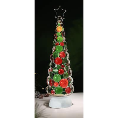 Set of 2 LED Lighted Christmas Ornament Tree Tabletop Decorations - 15" - Red and Green