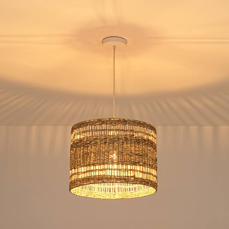 1-Light Boho Coastal Cylindrical Drum Woven Pendant Light with Matte White Finish and Herbaceous Rattan Shade