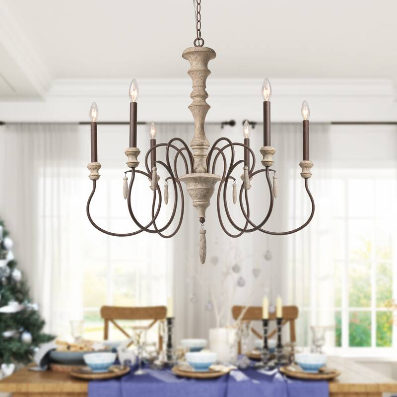 Modern Farmhouse 6-Light Wood Chandelier Classic French Country Lights - D31" x H32.5"