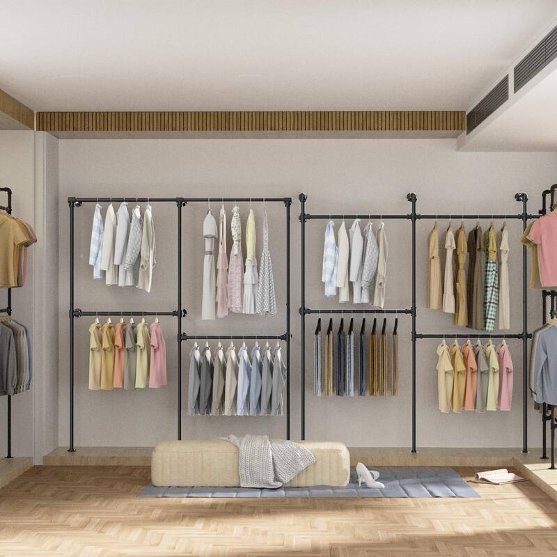 Industrial Pipe Clothing Racks, Heavy Duty Garment Rack Closet Wardrobe Rack with Shelves, Closet Clothes Rack