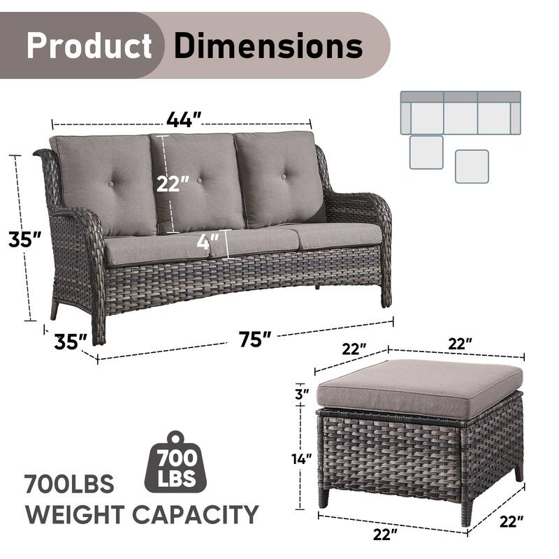 Gymojoy Patio Wicker 3-Seat Sofa with Ottoman Weather-resistance