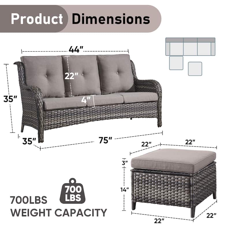 Gymojoy Patio Wicker 3-Seat Sofa with Ottoman