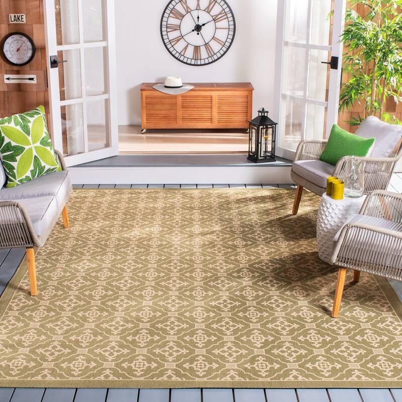 SAFAVIEH Courtyard Birgul Indoor/ Outdoor Waterproof Patio Backyard Rug - 6'7" x 9'6" - Green/Creme