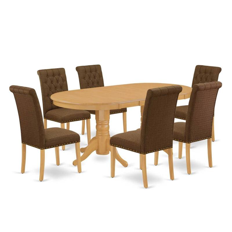 7Pc Dinette Set - Oval Dining Table with Butterfly Leaf & 6 Parsons Chairs - Oak Finish - 76.3