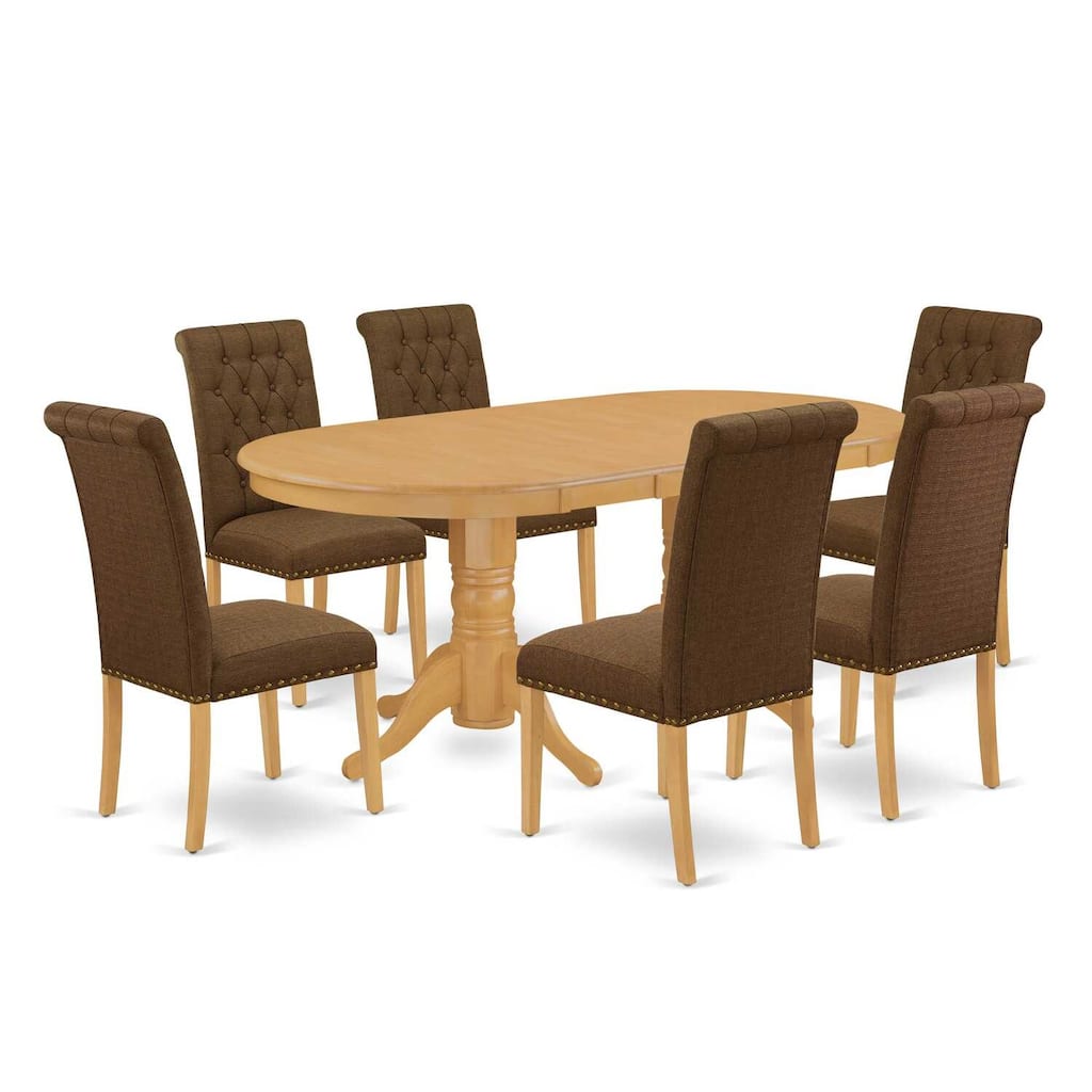 7Pc Dinette Set - Oval Dining Table with Butterfly Leaf & 6 Parsons Chairs - Oak Finish - 76.3