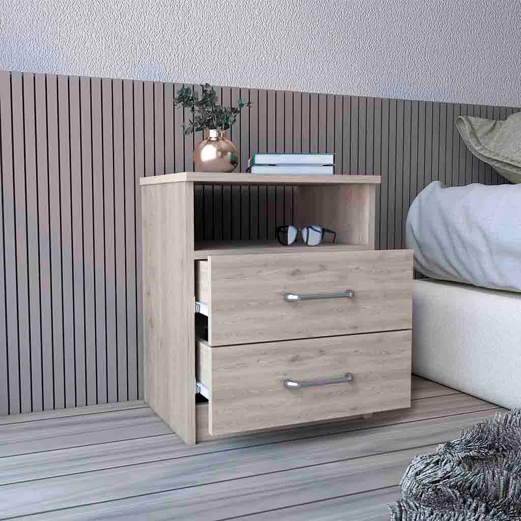 Light Gray Nightstand with Two Drawers and Open Shelf