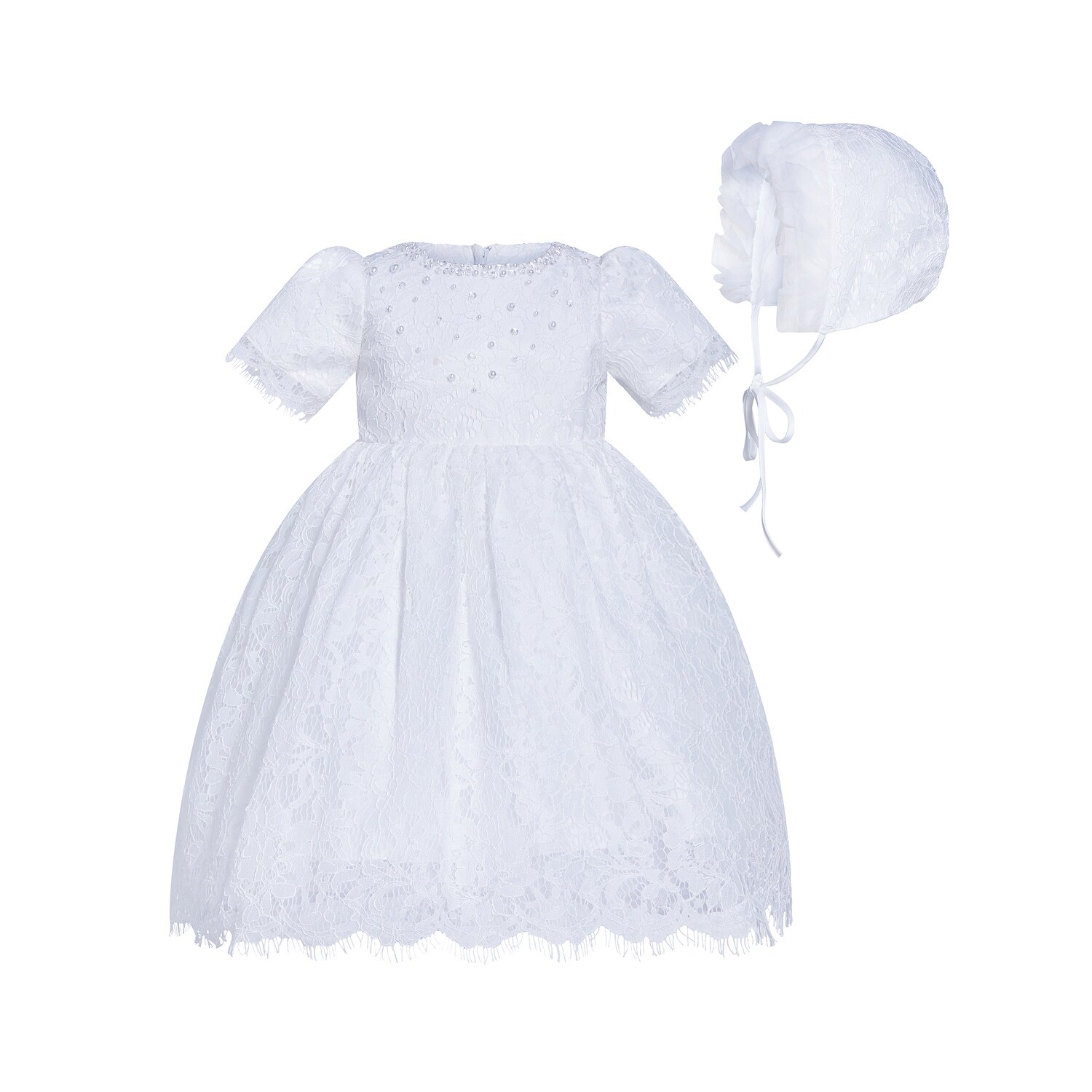 scalloped lace christening gown & bonnet