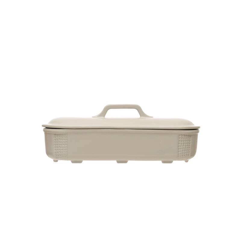 Debossed Stoneware Baking Dish with Lid - 16.3"L x 5.8"W x 6.3"H - White