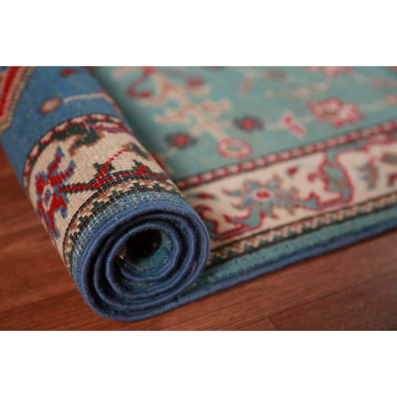 Geometric Kazak Foyer Rug Hand-Knotted Blue Traditional Wool Carpet - 2'8"x 4'0"